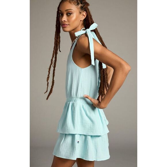 Anthropologie Light Blue Dress Cotton One Shoulder Tiered Ruffle Size Large - Picture 4 of 10